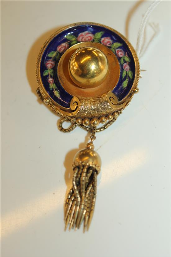 Gold and enamel tassle brooch